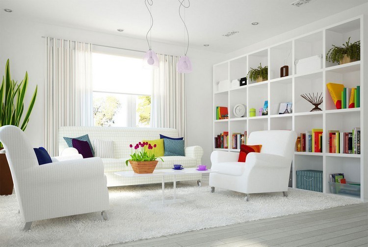 Neutral color living rooms with colorful decorations
